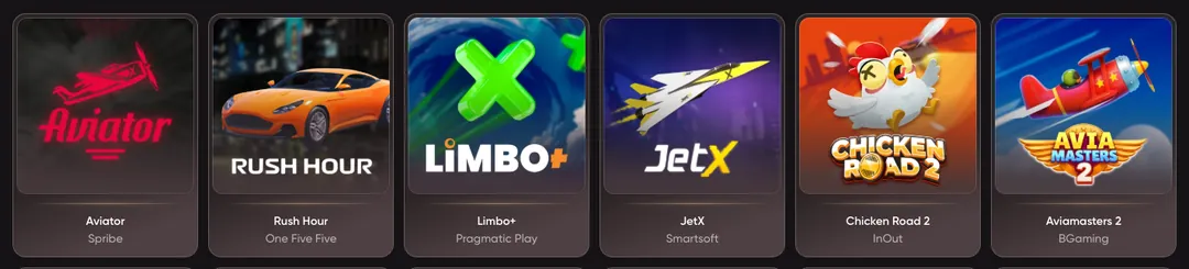 Плитки мгновенных игр EpicStar: Aviator от Spribe, Rush Hour, Limbo+, JetX, Chicken Road 2, Aviamasters 2.